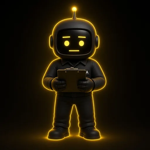 Auditor robot holding a clipboard, yellow glow